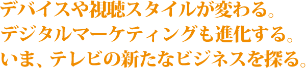 デバイスや視聴スタイルが変わる。デジタルマーケティングも進化する。いま、テレビの新たなビジネスを探る。